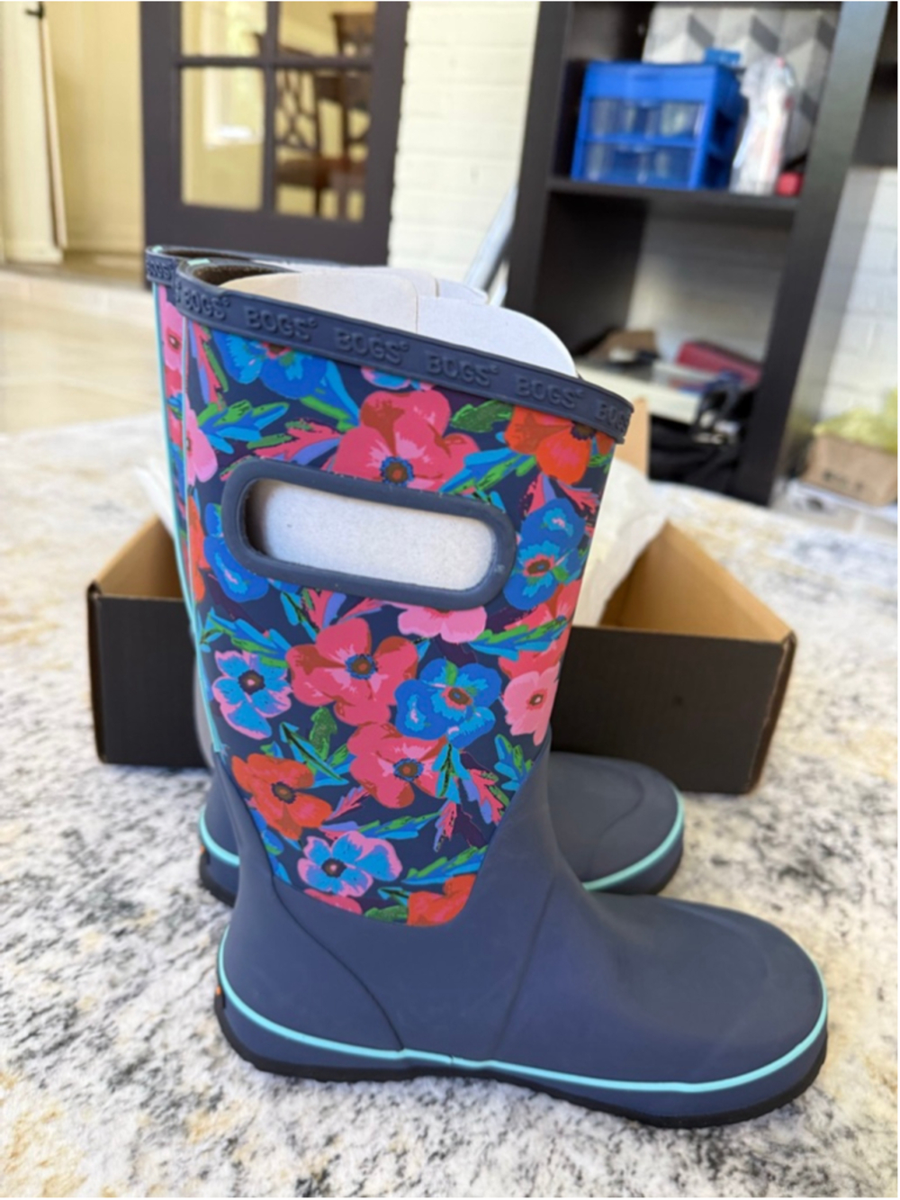 BOGS Kids Rain Boots Youth Size 4 Floral Waterproof Rubber Boots Navy Blue